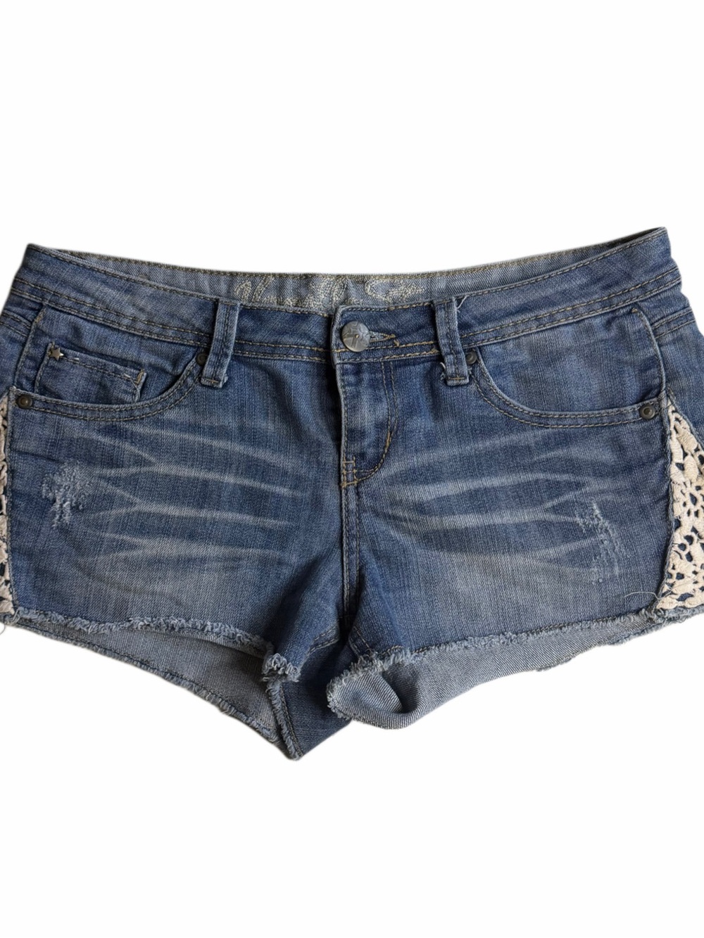 Vanilla Star Denim Shorts Juniors Size 11 Crochet Lace Side Cutout Distressed